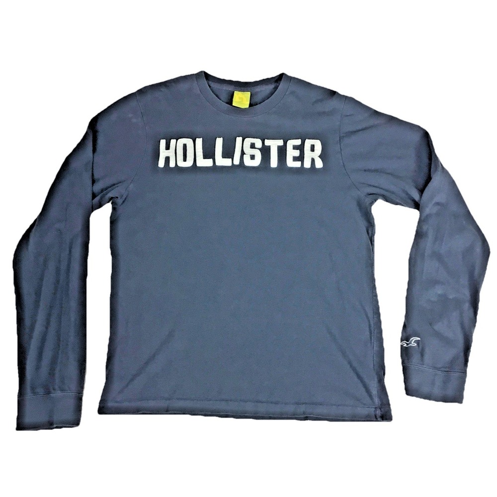 Hollister Mens Long Sleeve Graphic Tee Blue‎ Raised Applique Logo Size M Medium